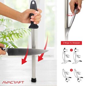 AVACRAFT 12 inch Knife Sharpener Rod, Diamond Steel Knife Honing Steel, Premium Knife Sharpening Steel, Oval shaped Honer, Ergonomic Handle for Firm Grip