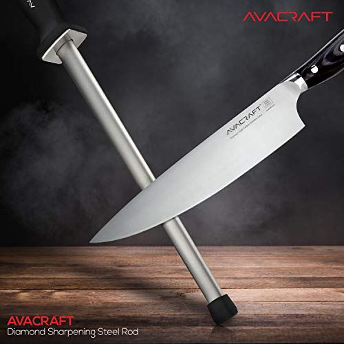 AVACRAFT 12 inch Knife Sharpener Rod, Diamond Steel Knife Honing Steel, Premium Knife Sharpening Steel, Oval shaped Honer, Ergonomic Handle for Firm Grip