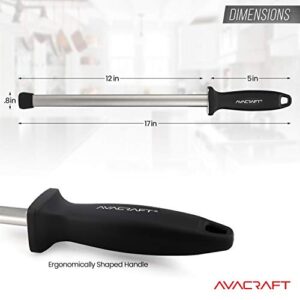 AVACRAFT 12 inch Knife Sharpener Rod, Diamond Steel Knife Honing Steel, Premium Knife Sharpening Steel, Oval shaped Honer, Ergonomic Handle for Firm Grip