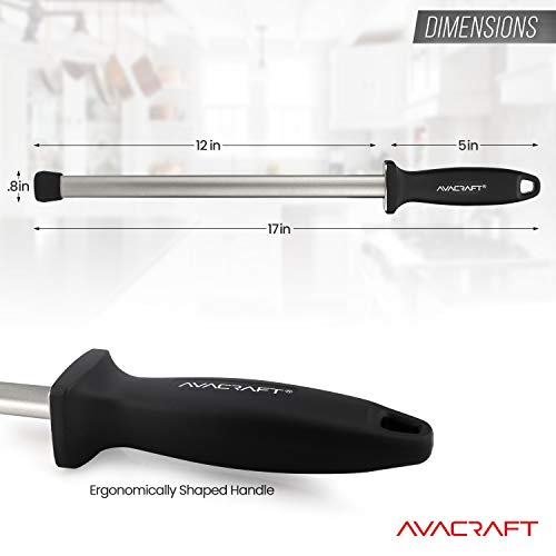 AVACRAFT 12 inch Knife Sharpener Rod, Diamond Steel Knife Honing Steel, Premium Knife Sharpening Steel, Oval shaped Honer, Ergonomic Handle for Firm Grip