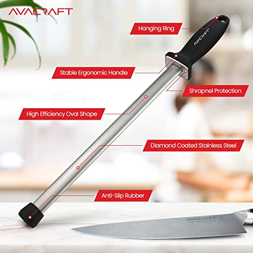 AVACRAFT 12 inch Knife Sharpener Rod, Diamond Steel Knife Honing Steel, Premium Knife Sharpening Steel, Oval shaped Honer, Ergonomic Handle for Firm Grip