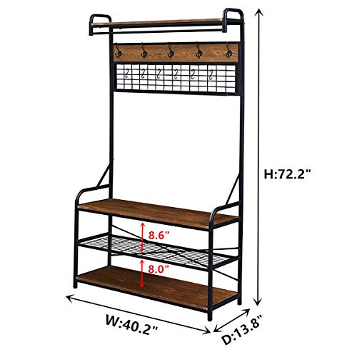 HOMISSUE 5-In-1 Entryway Hall Tree with Shoe Bench, Coat Rack with 11 Hooks and 2 Hanging Rods, Grid Panel for Memo and Photo Display, Brown Finish
