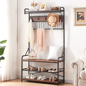 homissue 5-in-1 entryway hall tree with shoe bench, coat rack with 11 hooks and 2 hanging rods, grid panel for memo and photo display, brown finish