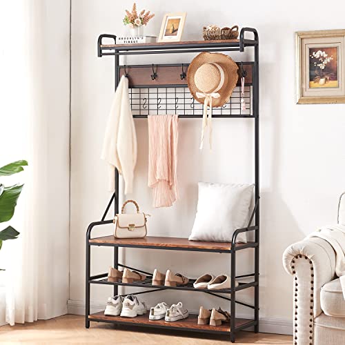 HOMISSUE 5-In-1 Entryway Hall Tree with Shoe Bench, Coat Rack with 11 Hooks and 2 Hanging Rods, Grid Panel for Memo and Photo Display, Brown Finish