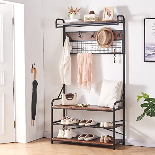 HOMISSUE 5-In-1 Entryway Hall Tree with Shoe Bench, Coat Rack with 11 Hooks and 2 Hanging Rods, Grid Panel for Memo and Photo Display, Brown Finish