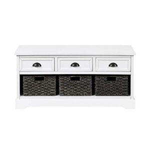 Knocbel Entry Wicker Storage Bench Wood Entryway Hallway Bedroom Bench Cabinet with 3 Drawers and 3 Woven Baskets, Fully Assembled, 19.5" H x 41.9" L x 15.2" W (White)