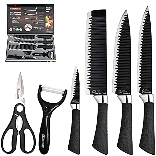 Fukep Chef Knife Set for Kitchen, Sharp Stainless Steel Non-Stick 6 Pieces Kitchen Knife Sets under 25 Dollars, Pretty Gift Kitchen Cutting Cultery Set with Scissors and Peeler