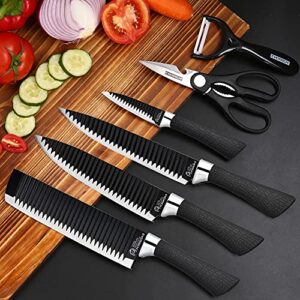 Fukep Chef Knife Set for Kitchen, Sharp Stainless Steel Non-Stick 6 Pieces Kitchen Knife Sets under 25 Dollars, Pretty Gift Kitchen Cutting Cultery Set with Scissors and Peeler