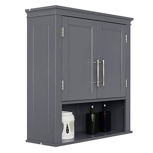 Knocbel Bathroom Wall Storage Cabinet, Over The Toilet Medicine Cabinet, Space Saving Double Doors Cupboard with Adjustable Shelves & Metal Handles, 23.23" L x 8.07" W x 24.81" H (Gray)