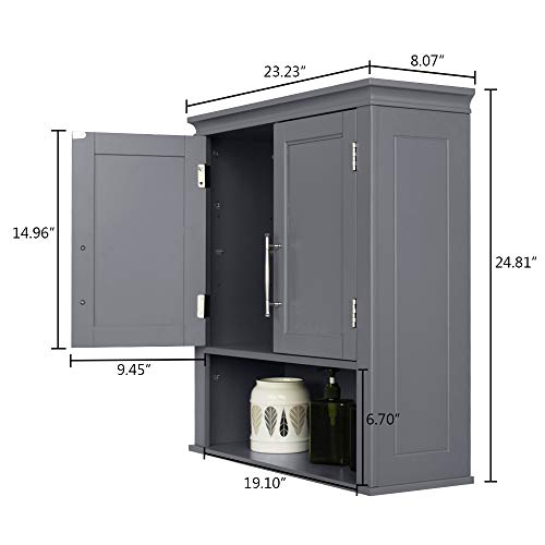 Knocbel Bathroom Wall Storage Cabinet, Over The Toilet Medicine Cabinet, Space Saving Double Doors Cupboard with Adjustable Shelves & Metal Handles, 23.23" L x 8.07" W x 24.81" H (Gray)