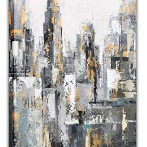 Yihui Arts Large Modern Abstract Chicago City Canvas Wall Artworks Painting with Gold Foil for Living Room Decoration