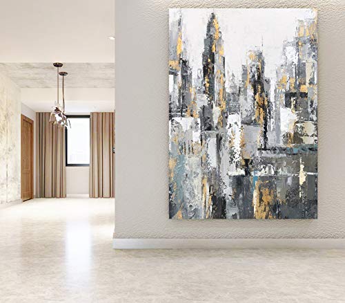 Yihui Arts Large Modern Abstract Chicago City Canvas Wall Artworks Painting with Gold Foil for Living Room Decoration