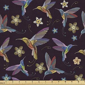 lunarable hummingbird fabric by the yard, abstract colorful birds flying with flowers tropical vintage style illustration, decorative fabric for upholstery and home accents, 1 yard, maroon lilac