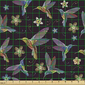 Lunarable Hummingbird Fabric by The Yard, Abstract Colorful Birds Flying with Flowers Tropical Vintage Style Illustration, Decorative Fabric for Upholstery and Home Accents, 1 Yard, Maroon Lilac