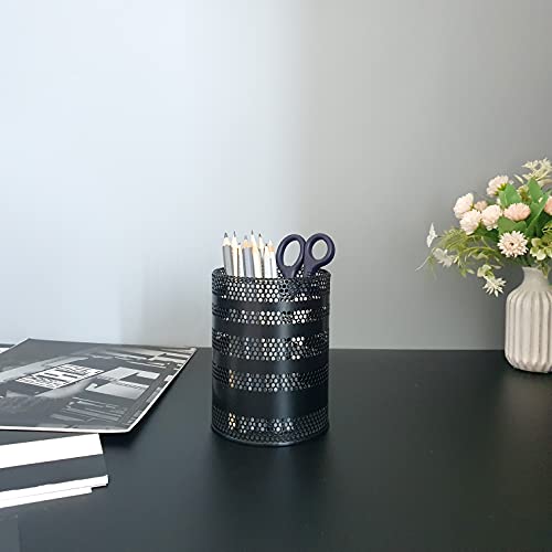 Produco Metal Mesh Pen Pencil Cup Holder Stand Office Desk Organizer Stationery Caddy Makeup Brush Holder, Black (Large)