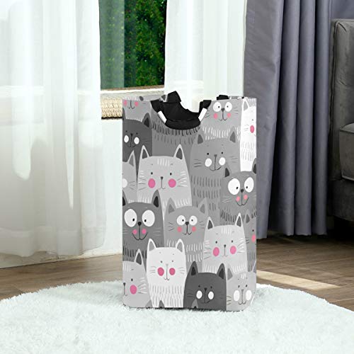 Cute Cat Kitten Large Laundry Baskets Washing Hamper Bag Black White Dirty Clothes Storage Bin Toy Book Clothing Holder with Handles for Home Bathroom Bedroom 50L