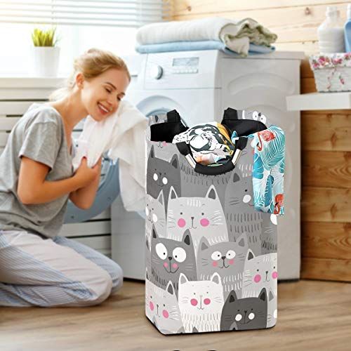 Cute Cat Kitten Large Laundry Baskets Washing Hamper Bag Black White Dirty Clothes Storage Bin Toy Book Clothing Holder with Handles for Home Bathroom Bedroom 50L