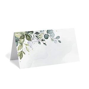bliss collections greenery watercolor place cards for wedding or party, seating place cards for tables, scored for easy folding, 50 pack, 2 x 3.5 inches