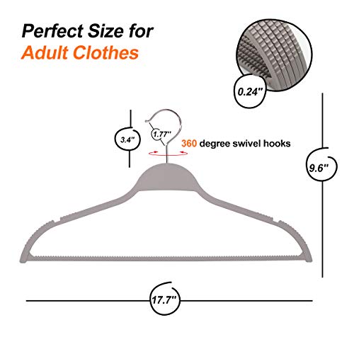 ELONG HOME Grey Plastic Thin Hangers for Clothes, 28 Pack Upgraded Rubberized Hangers Non Slip, Durable Slim Clothing Notches Hangers, 17.7 Inches Wide for Adults Clothes