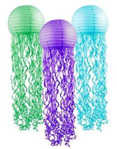 jellyfish paper lanterns 3 pack purple green and blue mermaid under the sea ocean birthday party decorations supplies easy setup room décor