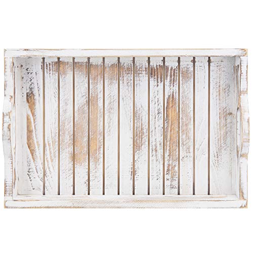 MyGift Shabby Chic Whitewashed Wood Breakfast Serving Tray with Cutout Handles