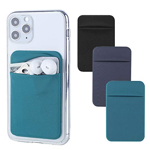 3Pack Cell Phone Card Holder for Back of Phone,Stretchy Lycra Stick on Wallet Pocket Credit Card ID Case Pouch Sleeve Adhesive Sticker for iPhone Samsung Galaxy Android-Dark Green&Blue Gray&Black