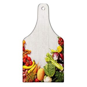 ambesonne food art cutting board, fresh vegetables and fruits cooking concept in half frame like order, decorative tempered glass cutting and serving board, wine bottle shape, pale taupe multicolor