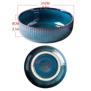 Salad Bowl 66 Oz, 8" Large Soup Bowls, Porcelain Round Serving Bowl Blue Decorative Bowl for Salad, Chip, Cereal, Fruits and Pasta (1pc)