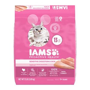 iams proactive health adult sensitive digestion & skin, dry cat food with turkey cat kibble, 13 lb. bag