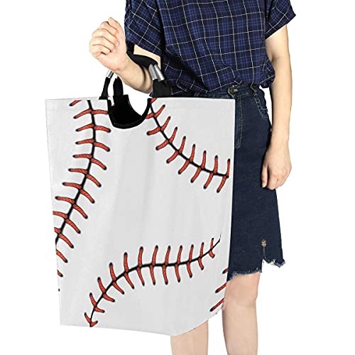 Pfrewn Red Stitching Baseball Large Laundry Basket Softball Laces Collapsible Laundry Hamper with Handles Waterproof Durable Clothes Washing Bin Dirty Baskets Storage for Home College Dorm Bathroom