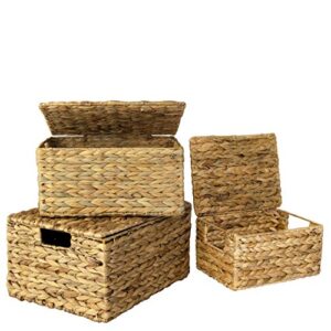 set of 3 pack nesting storage baskets with lids and insert handles for home organization | small closet wicker lidded baskets for shelves | straw wire woven storage baskets with lids (water hyacinth)