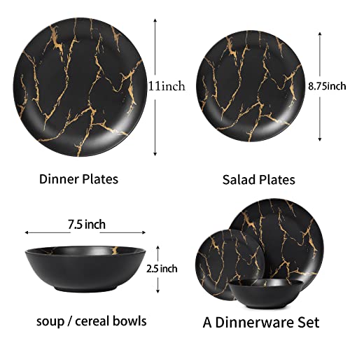 Melamine Dinnerware Set Black Kitchen Dinner Set, 12pcs Plates and Bowls Set Best for Indoor and Outdoor Party,BPA-Free Dishwasher Safe, Eco-Friendly …