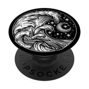 vintage wave & moon ocean & surfer pattern pacj0388 popsockets popgrip: swappable grip for phones & tablets