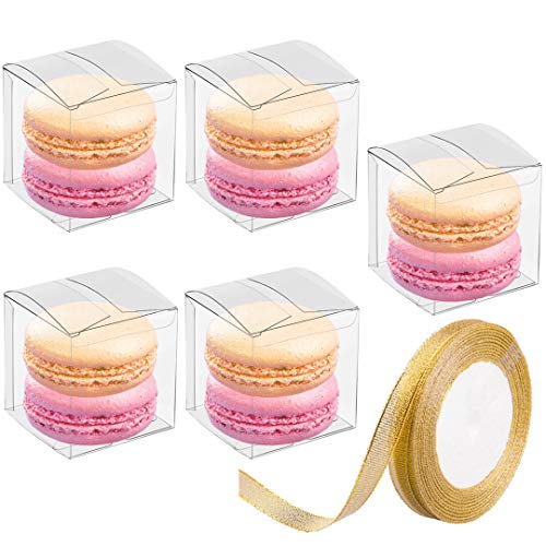 JOERSH 2x2x2 Inches Clear Boxes for Favors with Gift Ribbons 60 PCS Small Transparent Cube Wedding Baby Shower Birthday Party Favor Boxes, Minigifts Display Individual Macaron Box