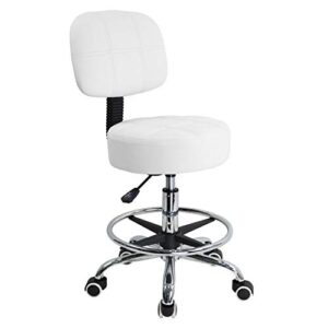 kktoner swivel round rolling stool pu leather with adjustable foot rest height adjustable task work drafting chair with back(white)