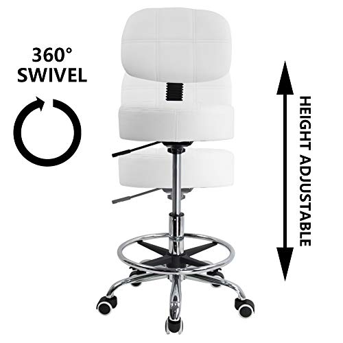 KKTONER Swivel Round Rolling Stool PU Leather with Adjustable Foot Rest Height Adjustable Task Work Drafting Chair with Back(White)