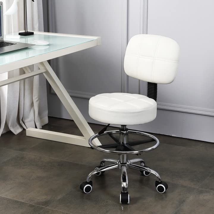 KKTONER Swivel Round Rolling Stool PU Leather with Adjustable Foot Rest Height Adjustable Task Work Drafting Chair with Back(White)