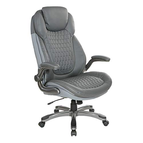 Office Star ECH Series Deluxe Executive High Back Bonded Leather Chair with Adjustable Seat and Padded Flip Arms, Grey with Titanium Nylon Base
