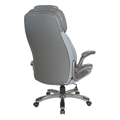 Office Star ECH Series Deluxe Executive High Back Bonded Leather Chair with Adjustable Seat and Padded Flip Arms, Grey with Titanium Nylon Base