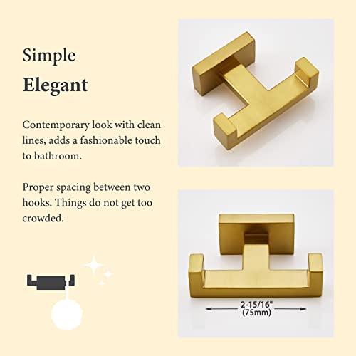 Suyar Double Towel Hook Brushed Gold, SUS304 Stainless Steel Square Coat Robe Holder, Bathroom Kitchen Towel Hanger, Wall Mounted