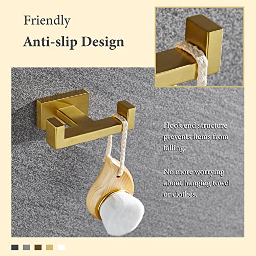 Suyar Double Towel Hook Brushed Gold, SUS304 Stainless Steel Square Coat Robe Holder, Bathroom Kitchen Towel Hanger, Wall Mounted