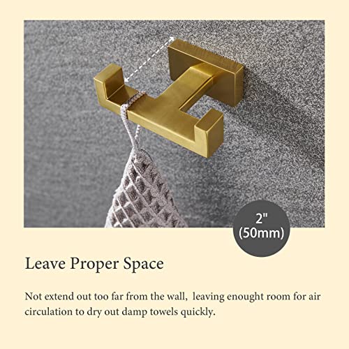 Suyar Double Towel Hook Brushed Gold, SUS304 Stainless Steel Square Coat Robe Holder, Bathroom Kitchen Towel Hanger, Wall Mounted