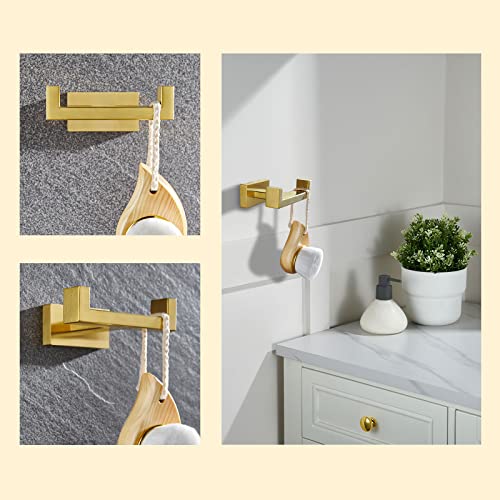 Suyar Double Towel Hook Brushed Gold, SUS304 Stainless Steel Square Coat Robe Holder, Bathroom Kitchen Towel Hanger, Wall Mounted