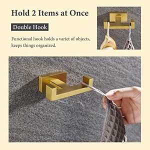 Suyar Double Towel Hook Brushed Gold, SUS304 Stainless Steel Square Coat Robe Holder, Bathroom Kitchen Towel Hanger, Wall Mounted