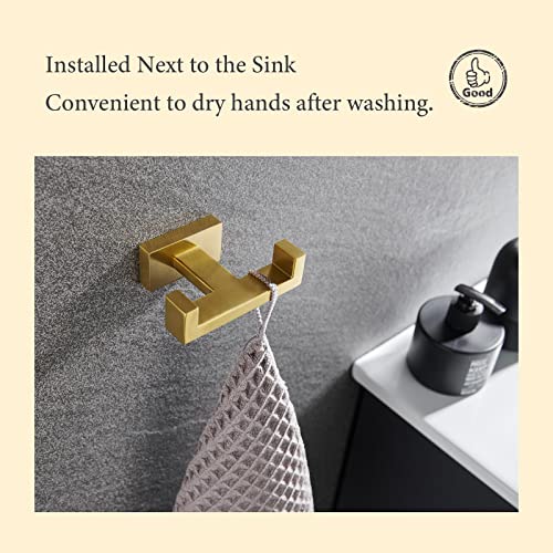 Suyar Double Towel Hook Brushed Gold, SUS304 Stainless Steel Square Coat Robe Holder, Bathroom Kitchen Towel Hanger, Wall Mounted