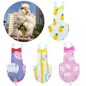 qbleev 4 pack bird diaper, soft birds flight suits with leash hole, washable & reusable parrots nappies with bowtie decor, breathable pet pee pads for budgie parakeet, cockatoos(4 sizes)