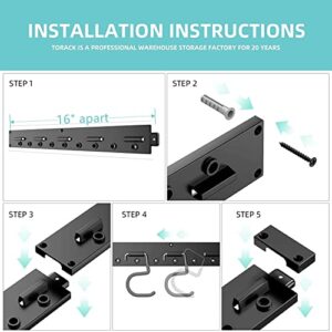 TORACK 64 Inch Garage Hooks Tool Organizer, Adjustable Wall Mounted Garage Hanger Storage System (16 Hooks & 16 Pegs)