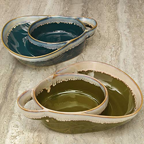 Briskly41 Stoneware Chip Dip Soup Side Bowls for Parties with Rustic Southwestern Cracker Kitchen Decor Embossed Unique Blue Green Set Of 2