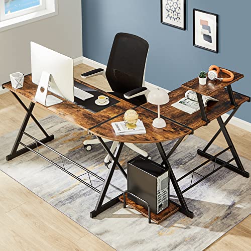 GreenForest L Shaped Computer Desk Reversible Corner Computer Desk 64 inch with Large Monitor Stand and CPU Stand, Rustic Brown