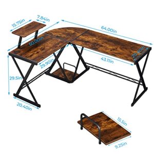 GreenForest L Shaped Computer Desk Reversible Corner Computer Desk 64 inch with Large Monitor Stand and CPU Stand, Rustic Brown